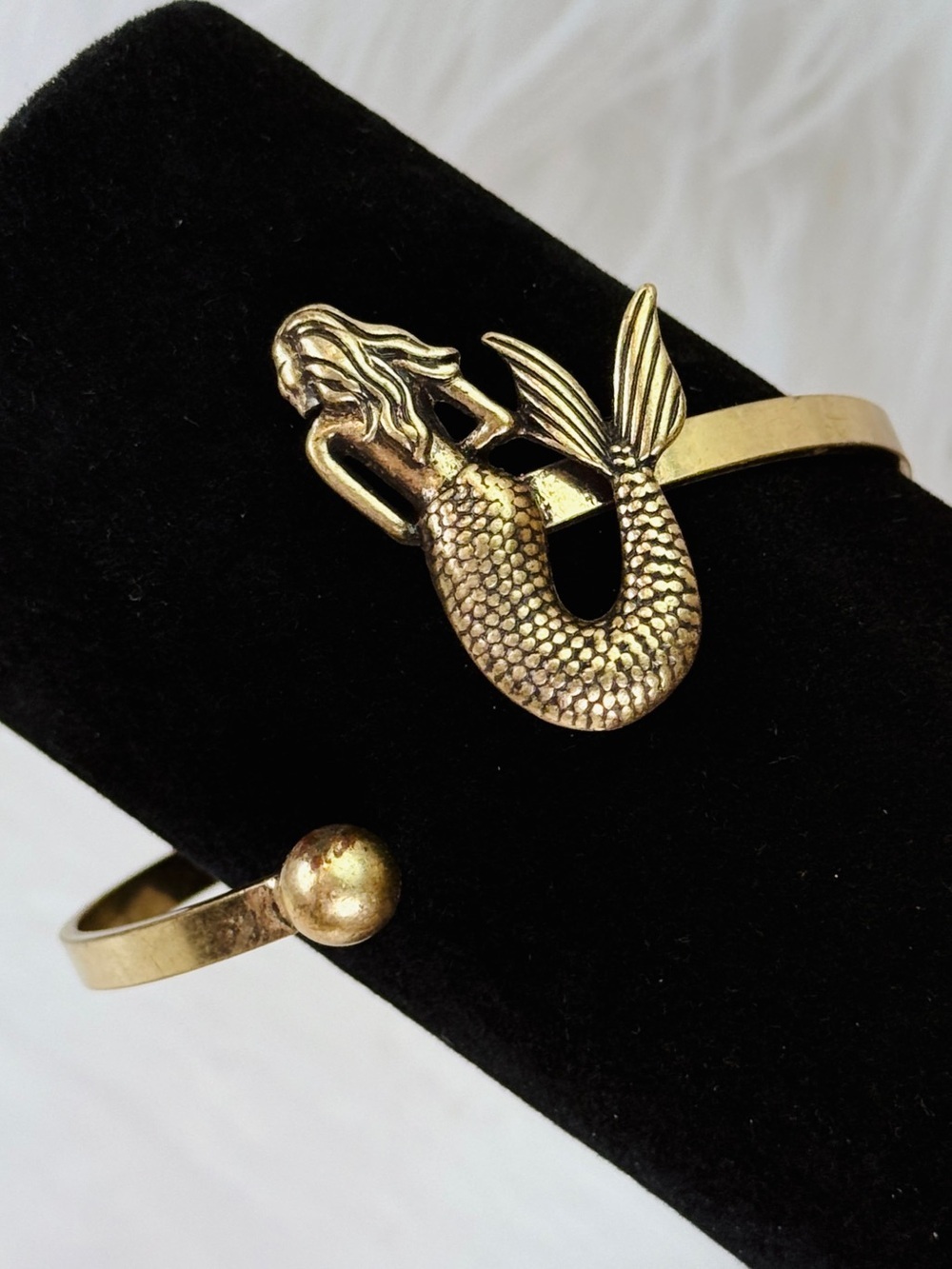 Vintage Etched Brasstone Mermaid Cuff Bracelet